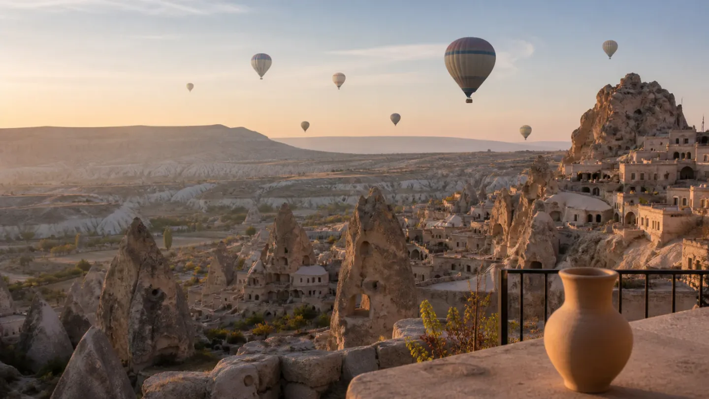 Kapadokya vadisine açılan bir teras ve gün doğumunda balonlar